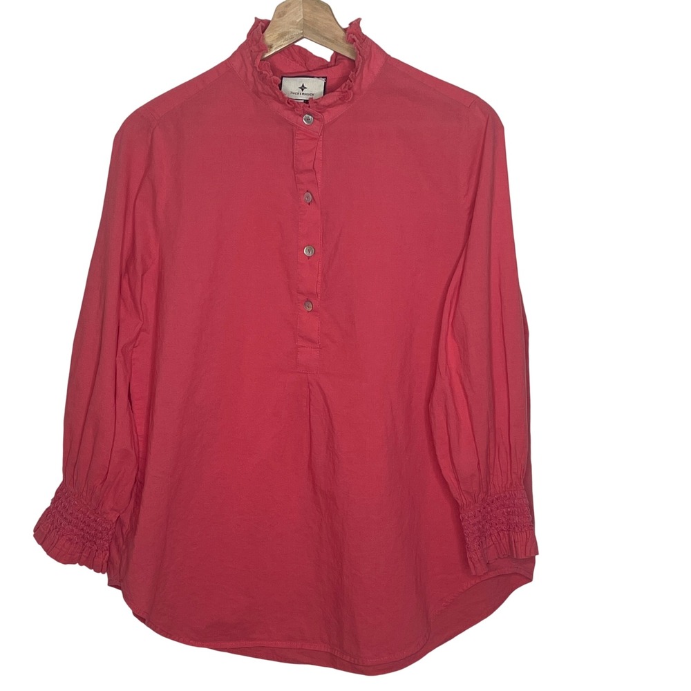 Tuckernuck Women's Ruffle Collar Long Sleeve Button Down Top Coral Pink